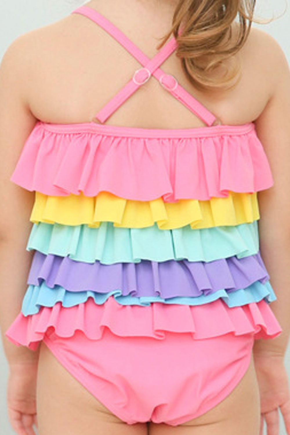 Toddler Girls Strap Neck Colorful Ruffles One Piece Swimwear