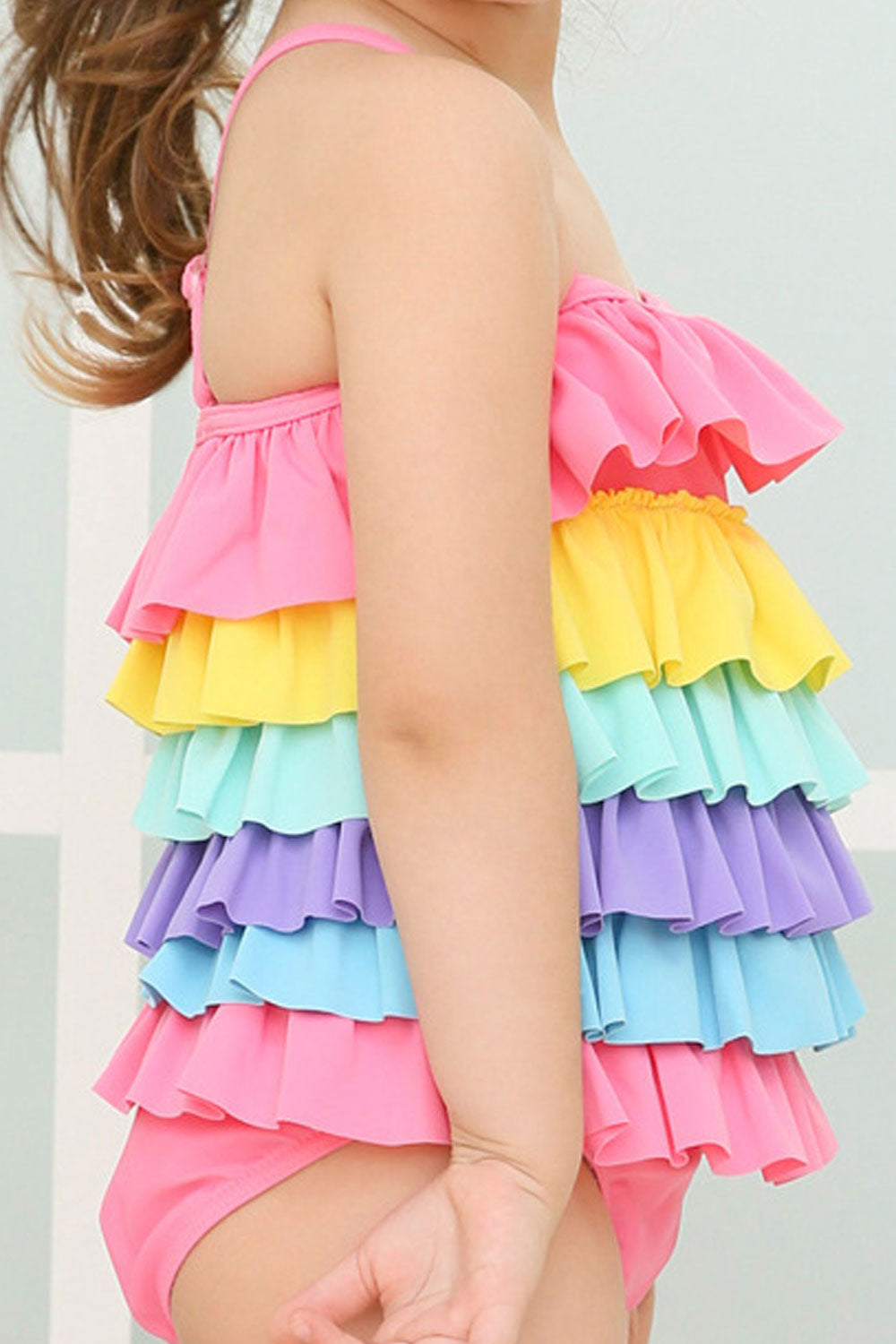 Toddler Girls Strap Neck Colorful Ruffles One Piece Swimwear