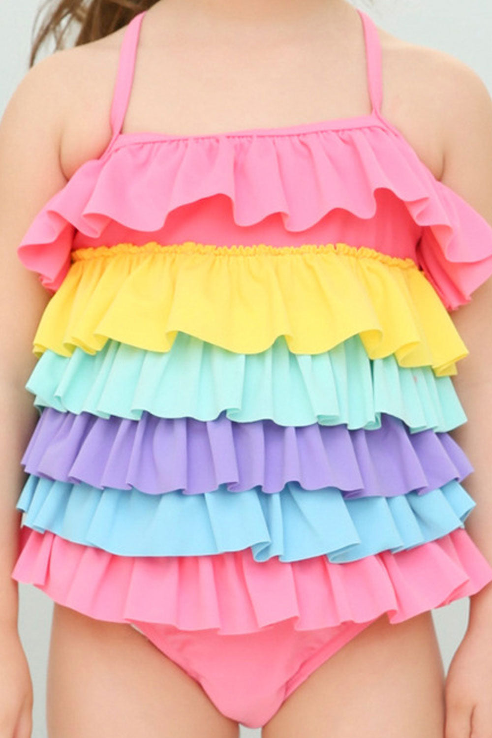 Toddler Girls Strap Neck Colorful Ruffles One Piece Swimwear