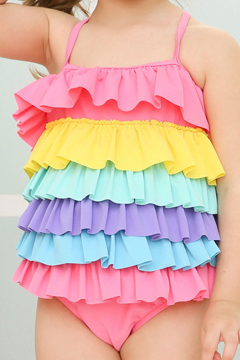Toddler Girls Strap Neck Colorful Ruffles One Piece Swimwear