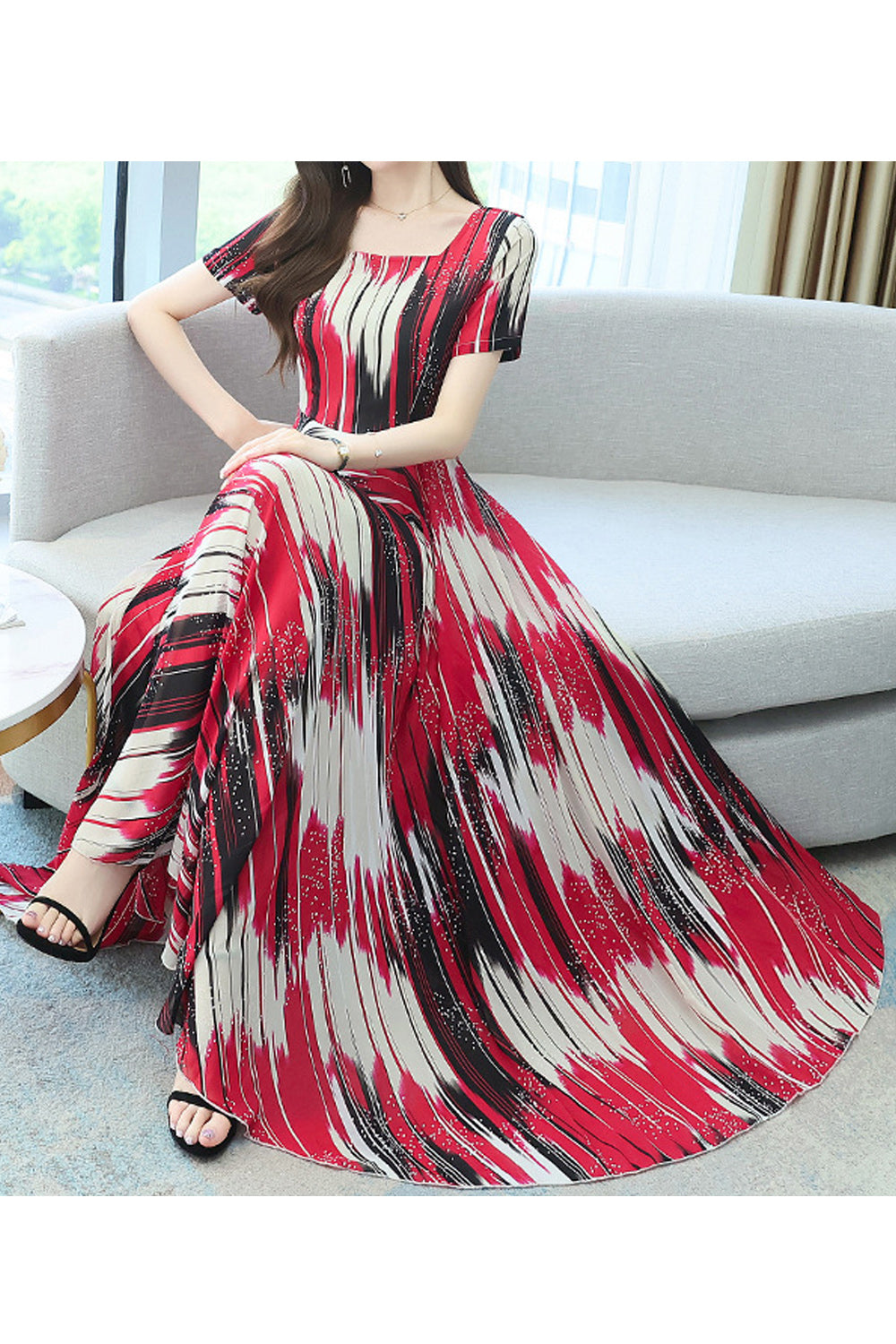 Women Fascinating Square Neck Short Sleeve Summer Thin Printed Style Charming Dress