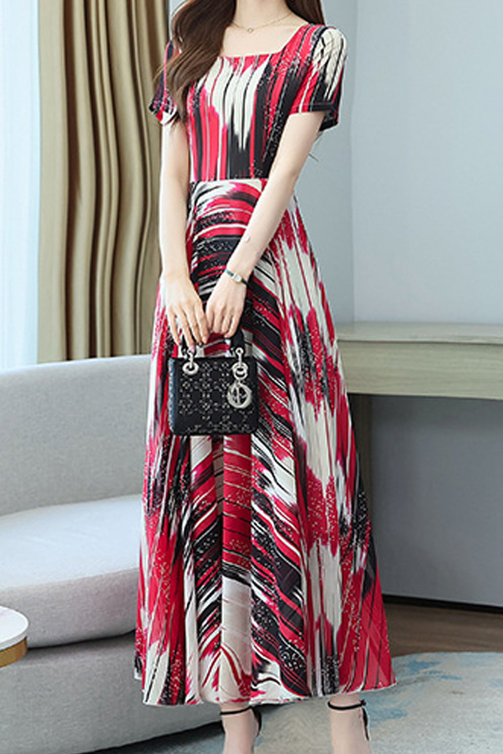 Women Fascinating Square Neck Short Sleeve Summer Thin Printed Style Charming Dress