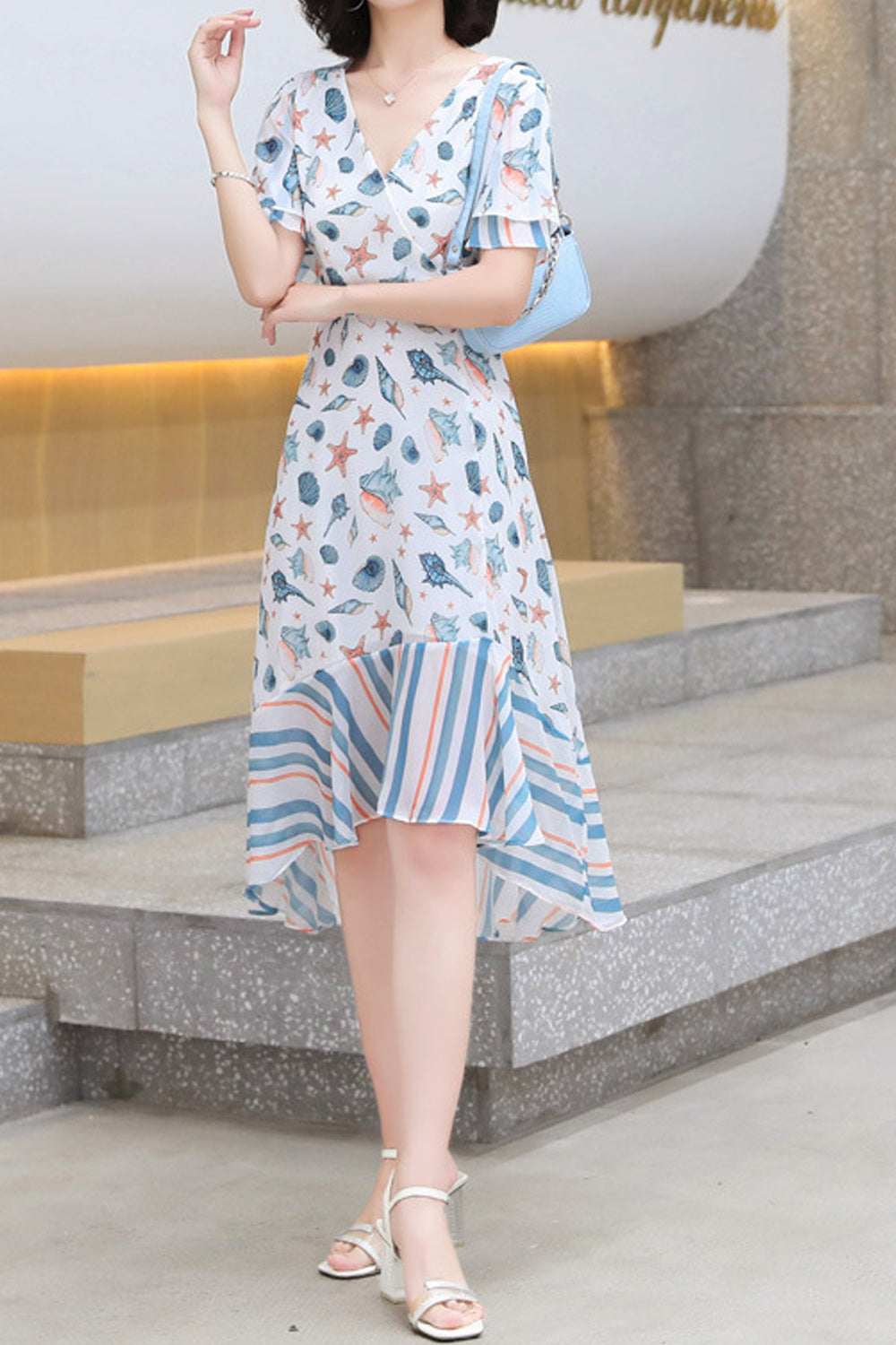 Women Awesome V-Neck Thin Irregular Hem Printed Pattern Short Sleeve Dress