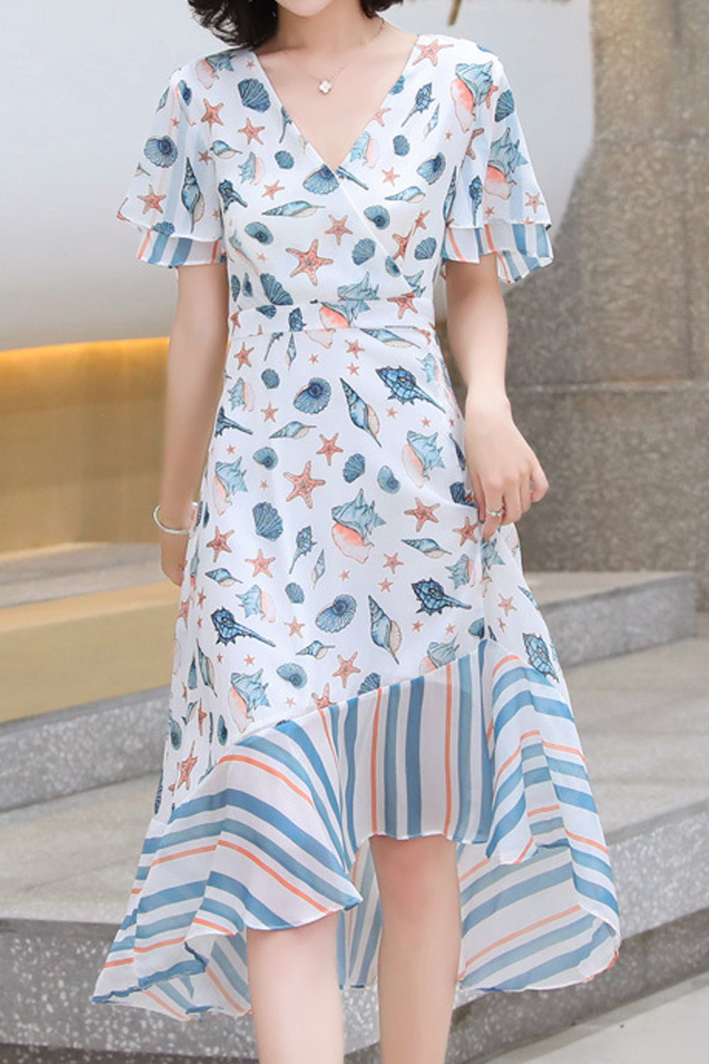 Women Awesome V-Neck Thin Irregular Hem Printed Pattern Short Sleeve Dress