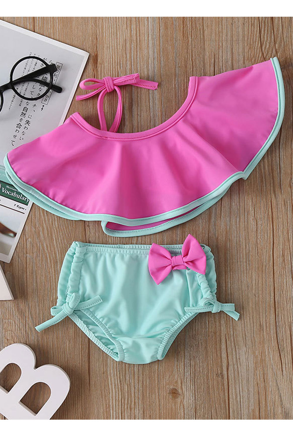 Toddler Girls Amazing Two Piece Off-Shoulder Solid Pattern Swimsuit