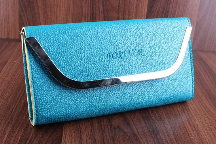 Women's Blue Hand Clutch Wallet With Metal Frame