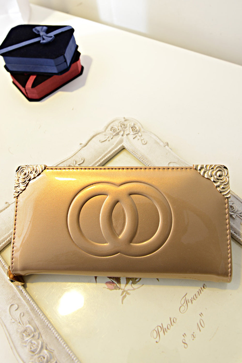 Women's Dual Ring Clutch PU Leather Wallet Beige