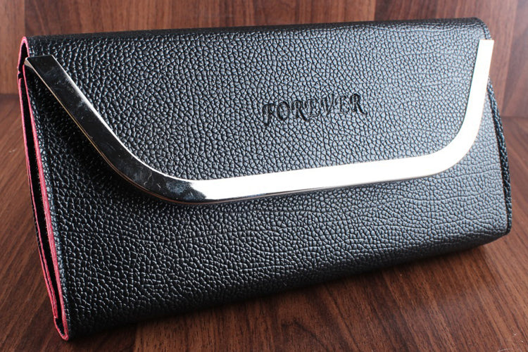 Women's Black Hand Clutch Wallet With Metal Frame