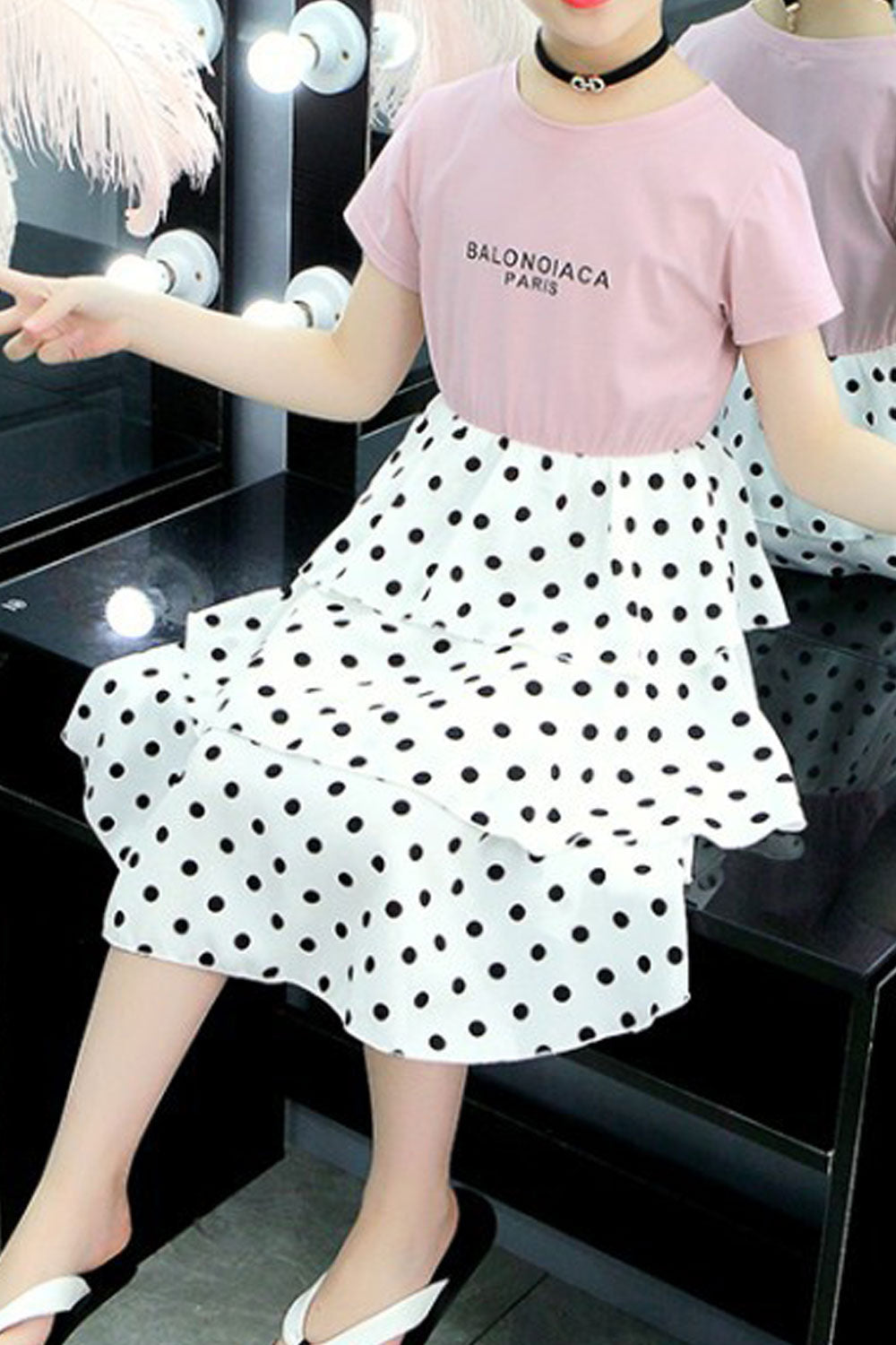 Kids Girls Short Sleeve Polka Dotted Skirt Lightweight Casual Dress