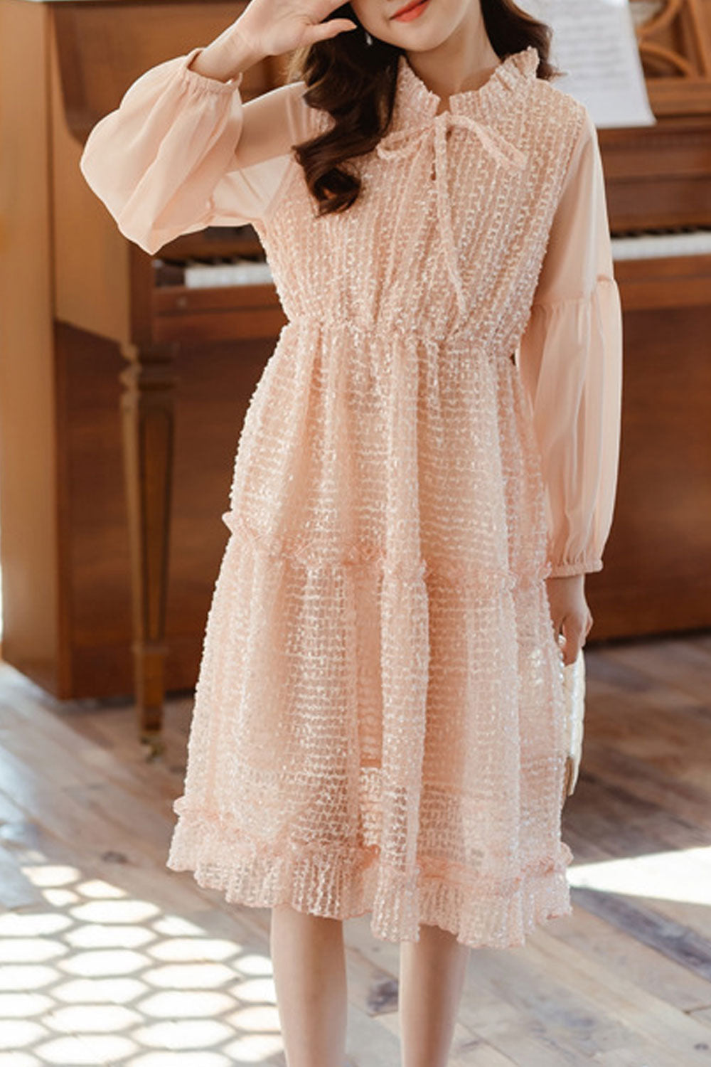 Kids Girls Mid Length Long Sleeve Elegant Solid Colored Cute Casual Dress