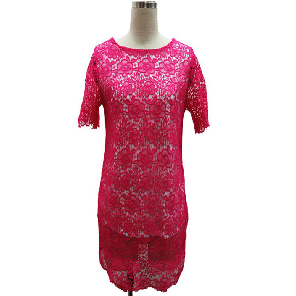 Women Short Sleeves Elegant Flower Designed Lace Blouse