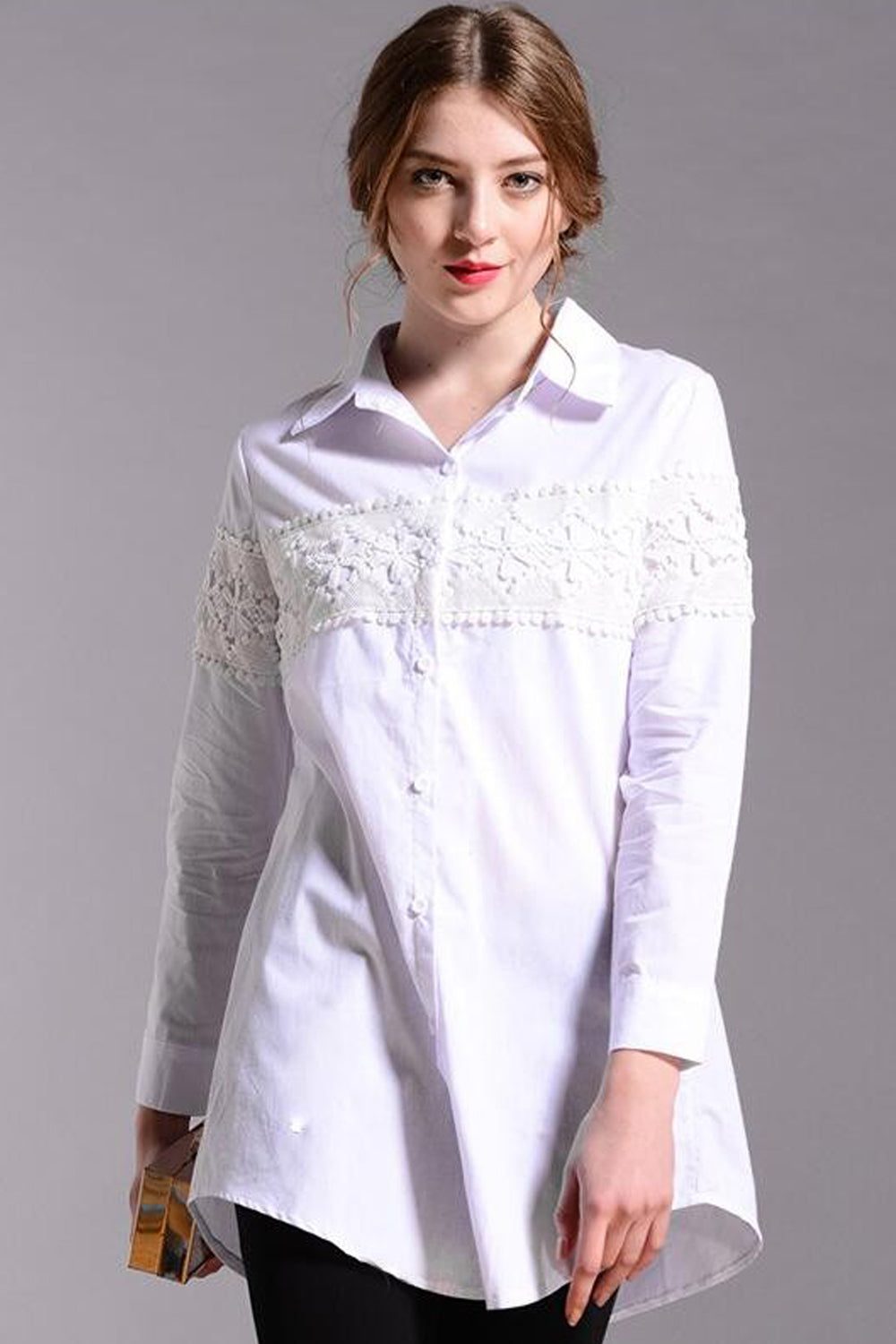 Women Lace Decorated Plus Size Shirt White Shirt