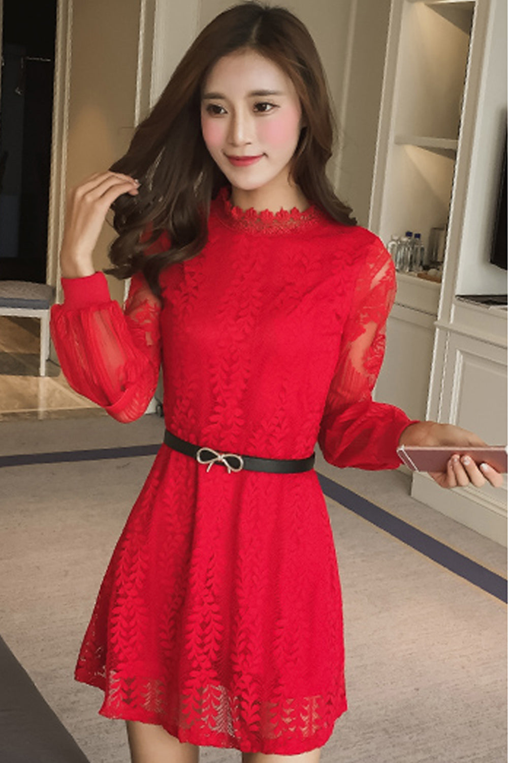 Women Long Sleeves Fastening Waist Style