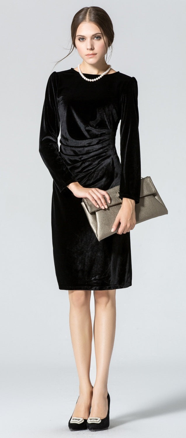 Women Long Sleved Round-Neck Velvet Plated Dress