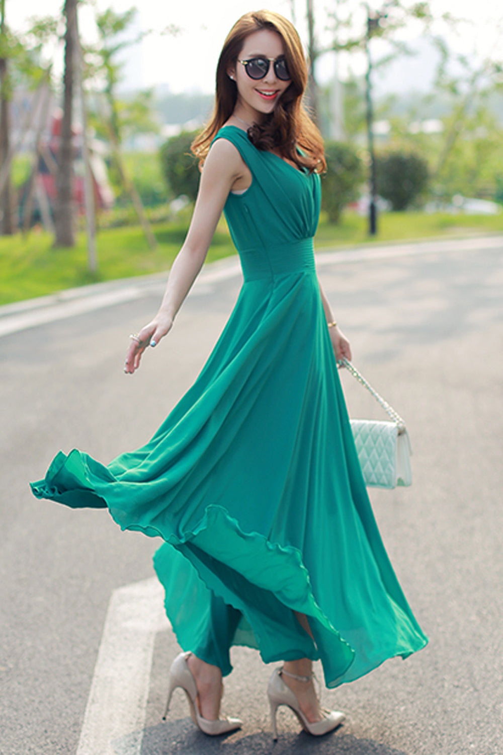 Women Chiffon Long Pleated Skirt Gown Dress
