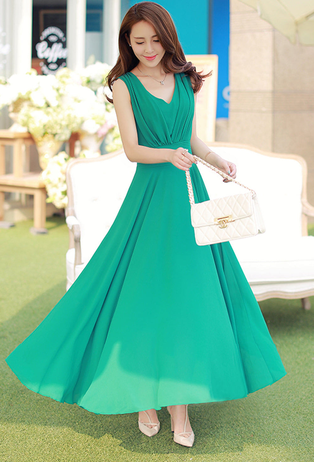 Women Chiffon Long Pleated Skirt Gown Dress