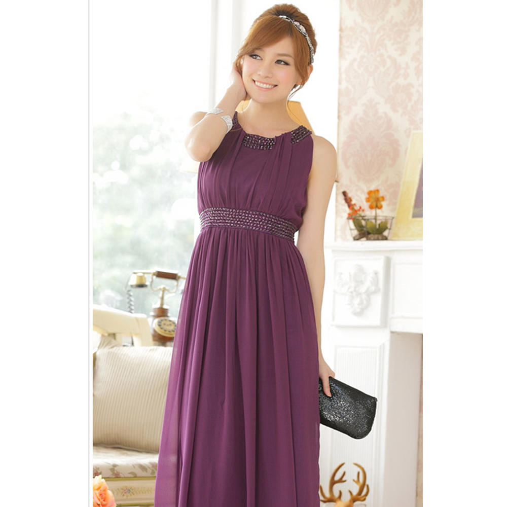 Women Round Beads Stitched Neck and Waist Style Prom Night Dress Purple