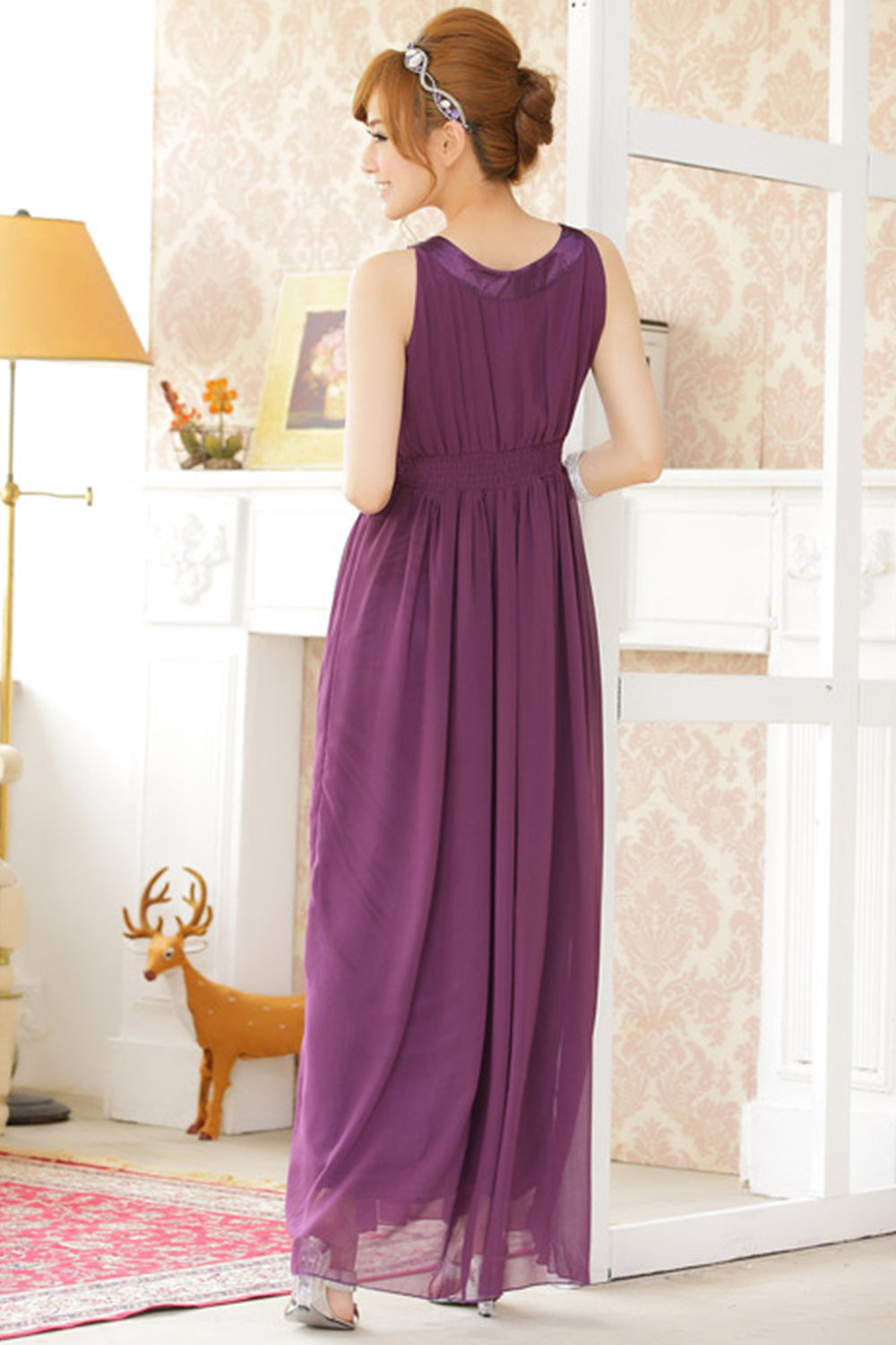 Women Round Beads Stitched Neck and Waist Style Prom Night Dress Purple