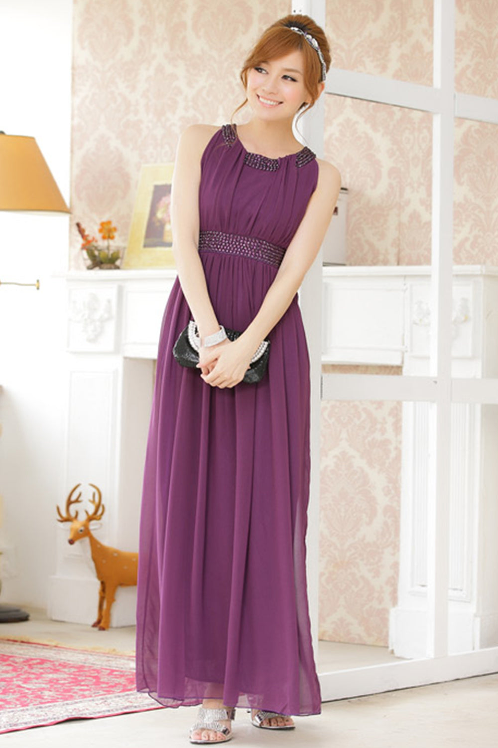 Women Round Beads Stitched Neck and Waist Style Prom Night Dress Purple