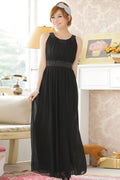 Women Sleeveless Chiffon Bead Decorated Prom Night Dress Black