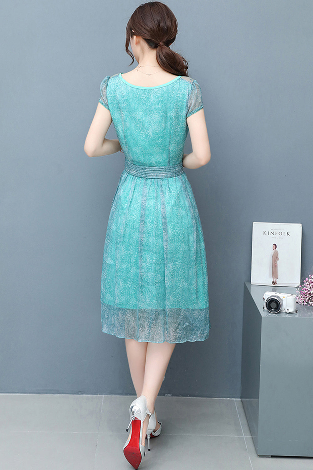 Women Chiffon Lace Sleeves Party Dress Blue