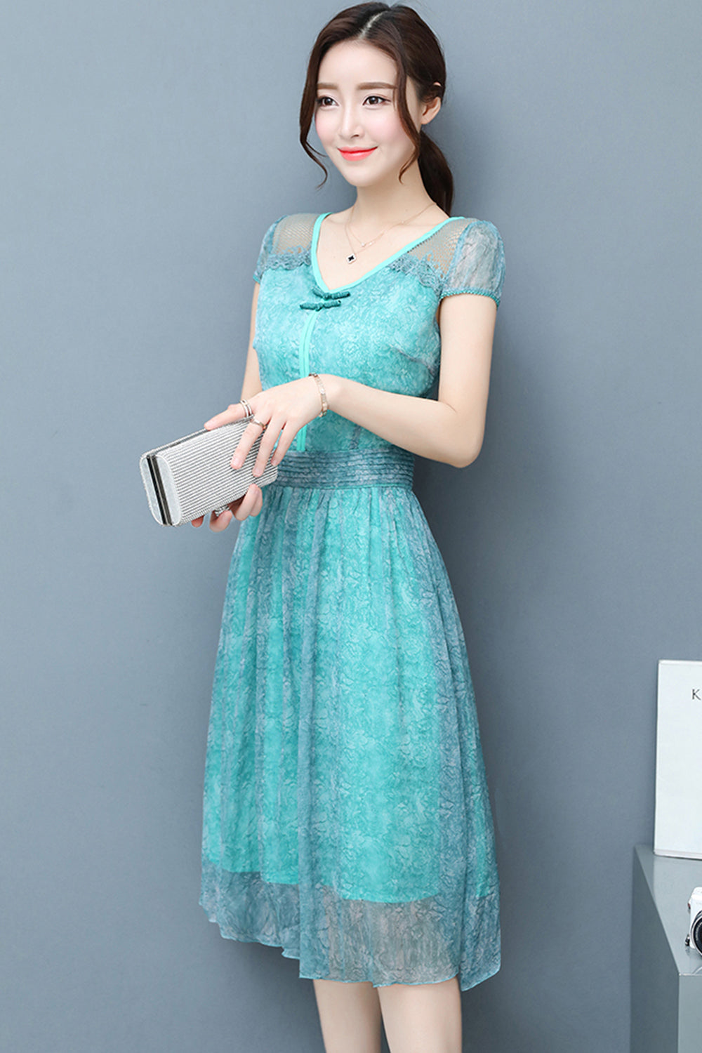Women Chiffon Lace Sleeves Party Dress Blue