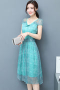Women Chiffon Lace Sleeves Party Dress Blue