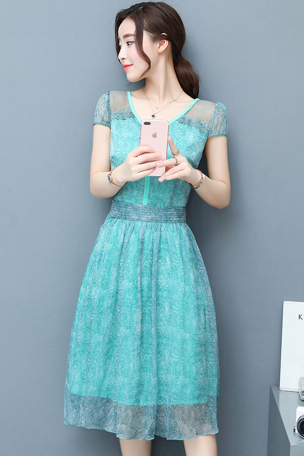 Women Chiffon Lace Sleeves Party Dress Blue