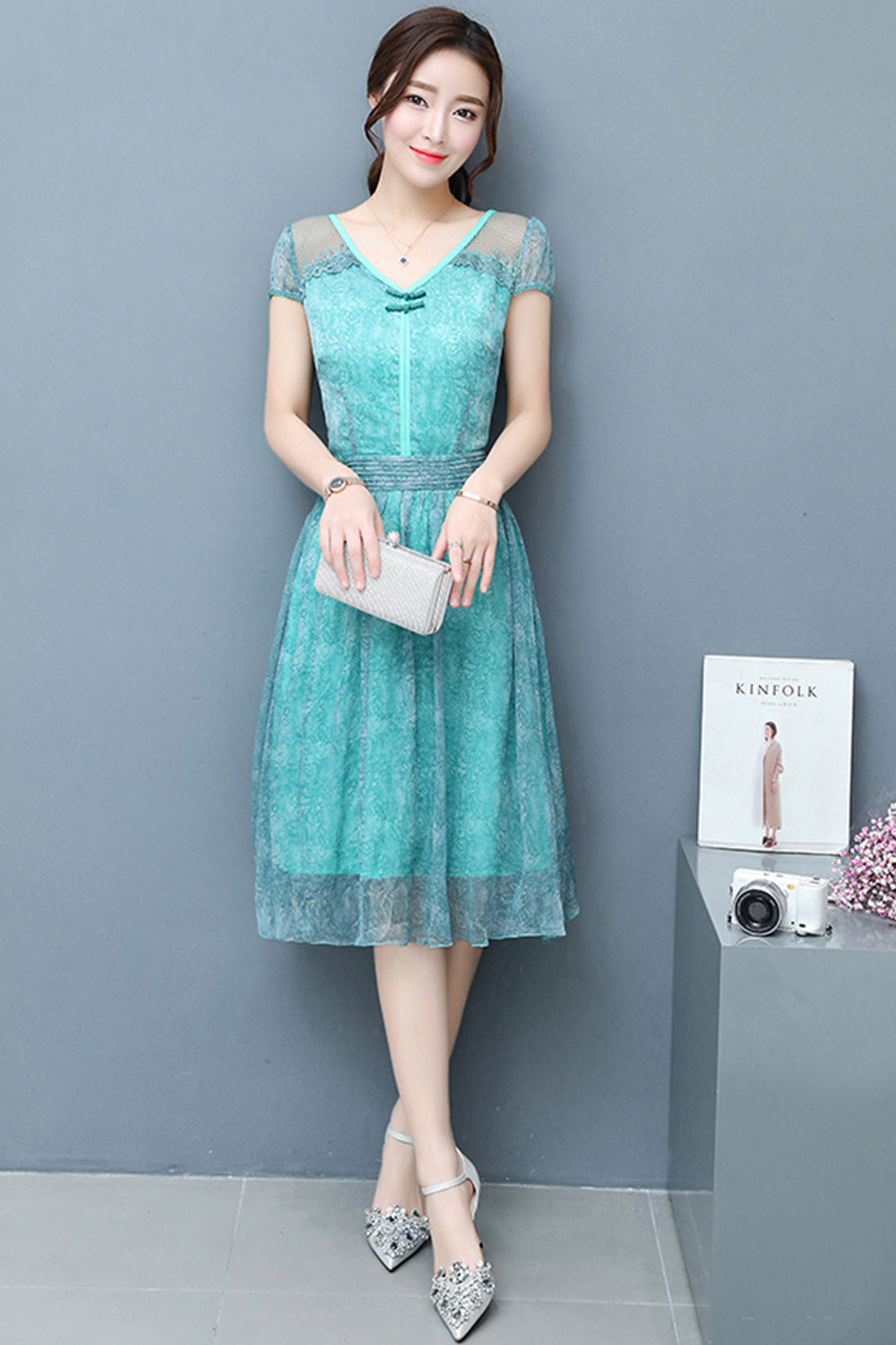 Women Chiffon Lace Sleeves Party Dress Blue