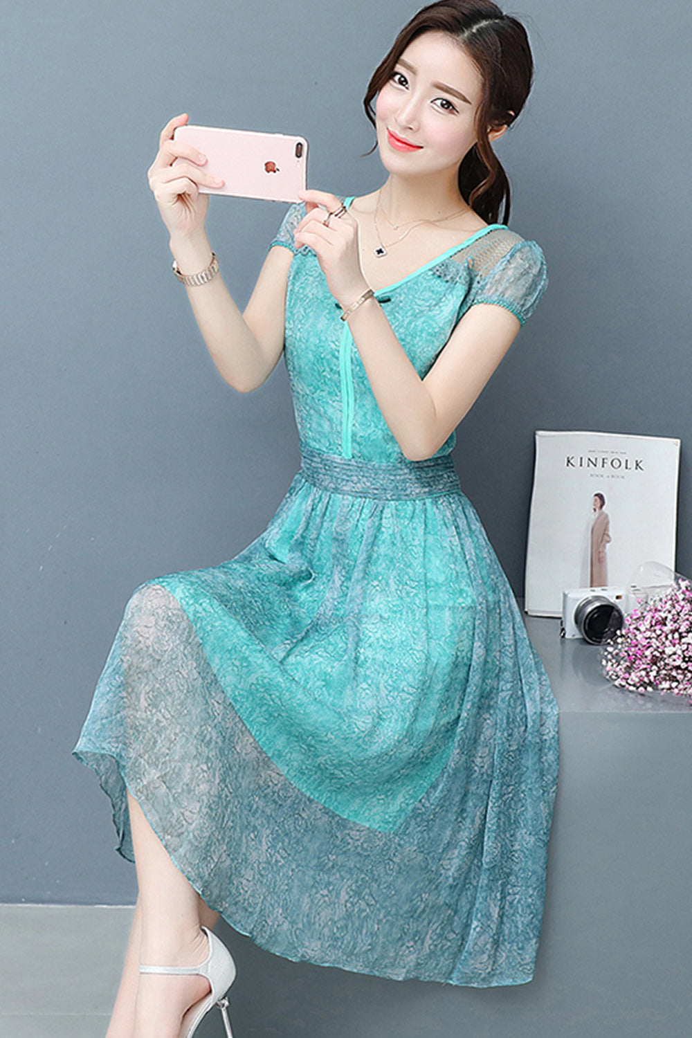 Women Chiffon Lace Sleeves Party Dress Blue