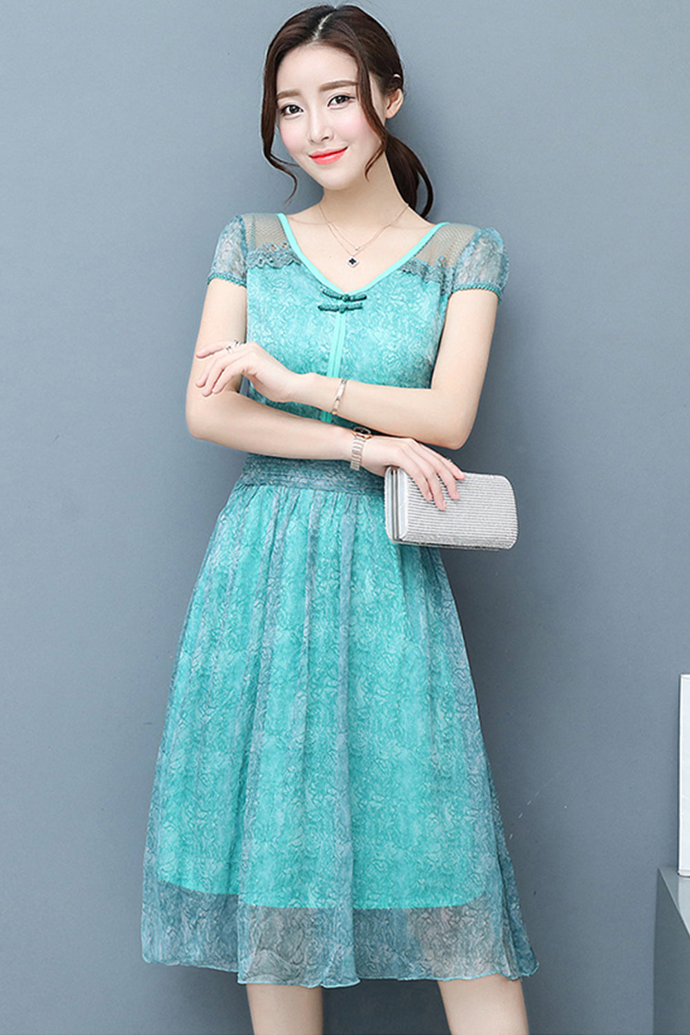 Women Chiffon Lace Sleeves Party Dress Blue