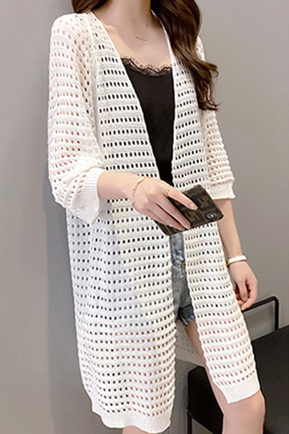 Women Loose Mid Length Comfortable Hollow Knitted Material Cardigan