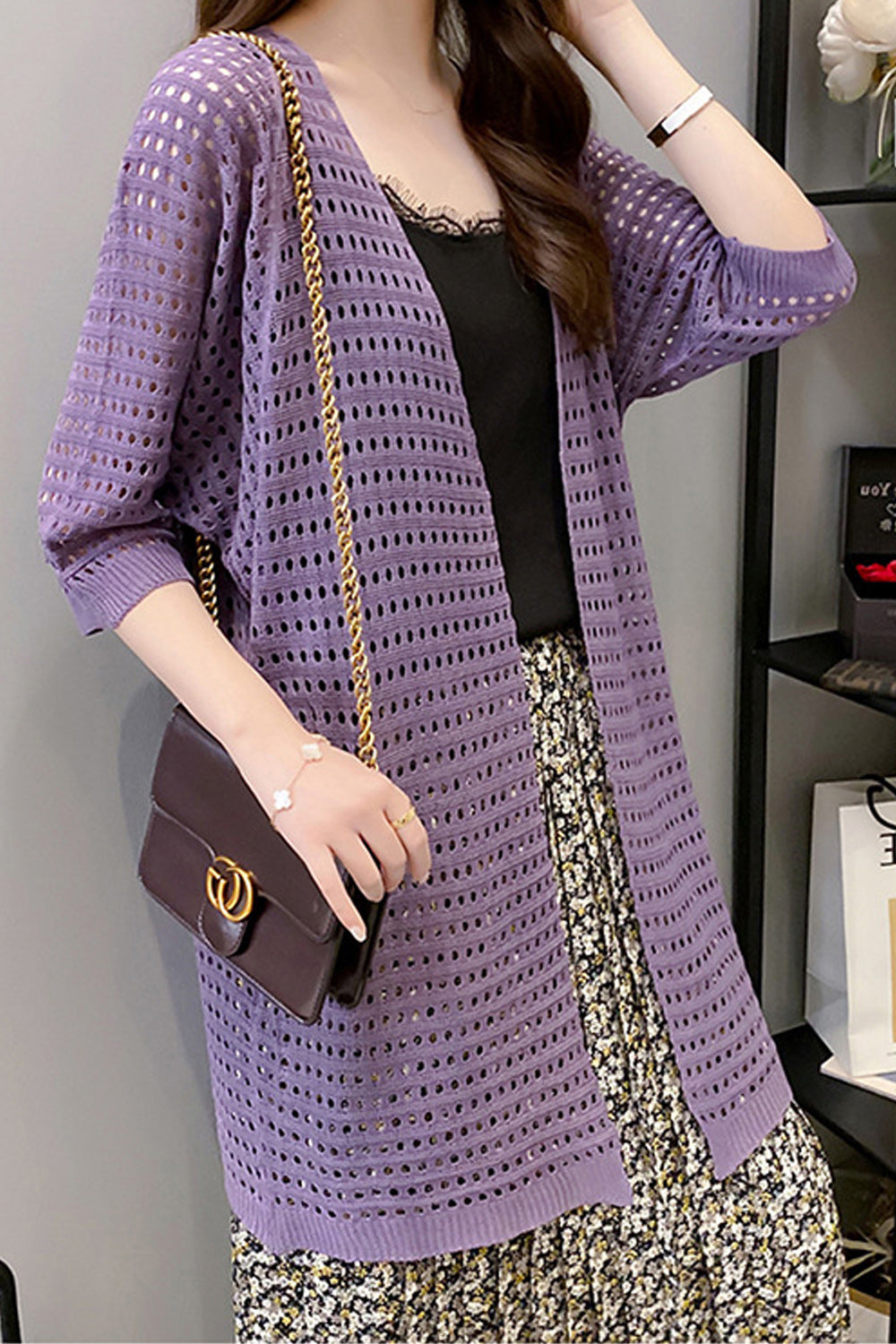 Women Loose Mid Length Comfortable Hollow Knitted Material Cardigan