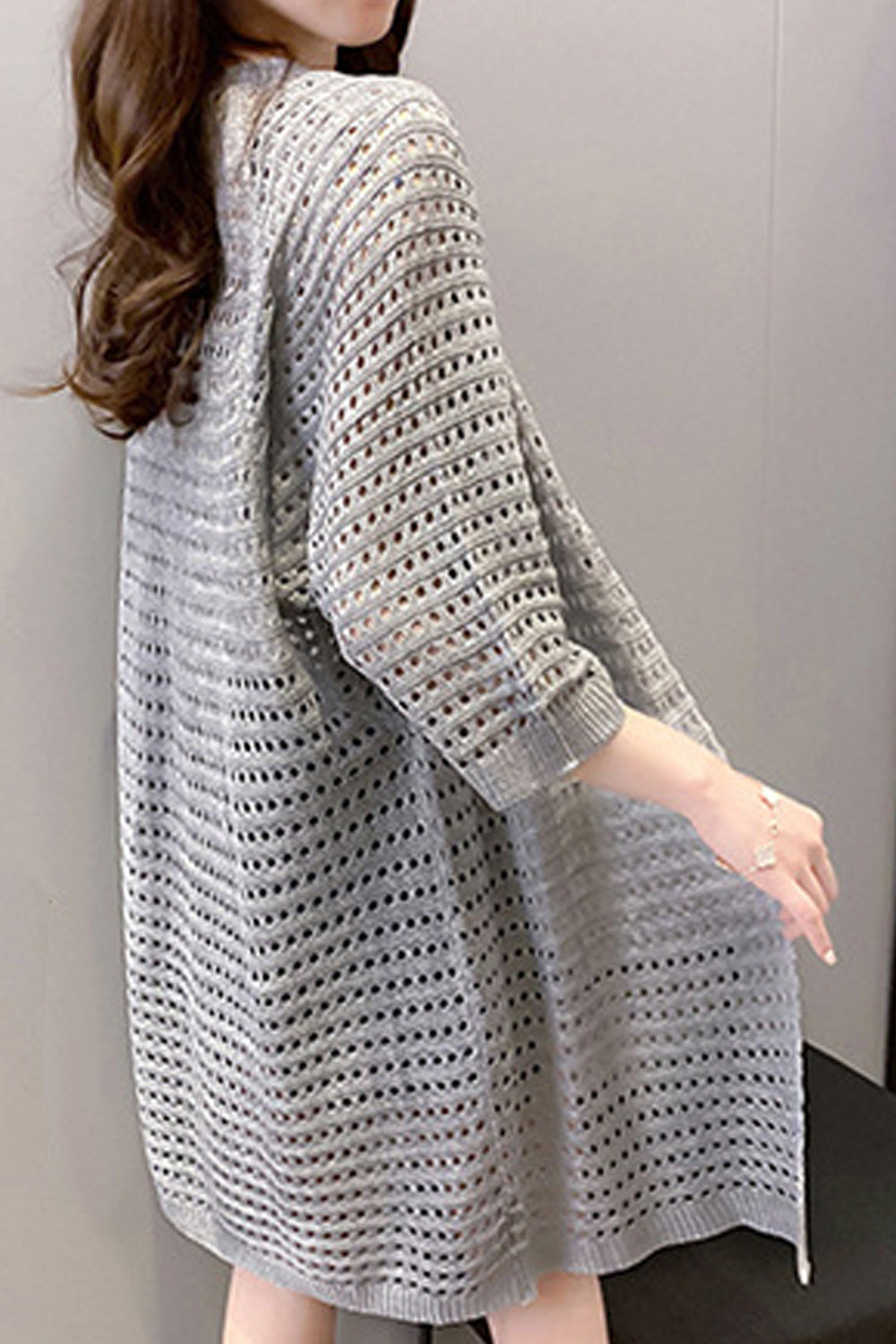 Women Loose Mid Length Comfortable Hollow Knitted Material Cardigan