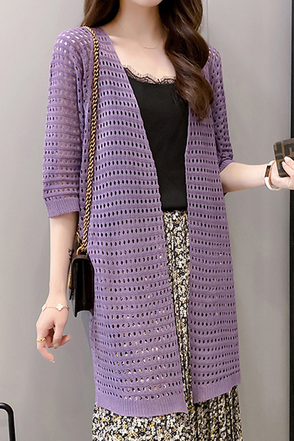 Women Loose Mid Length Comfortable Hollow Knitted Material Cardigan