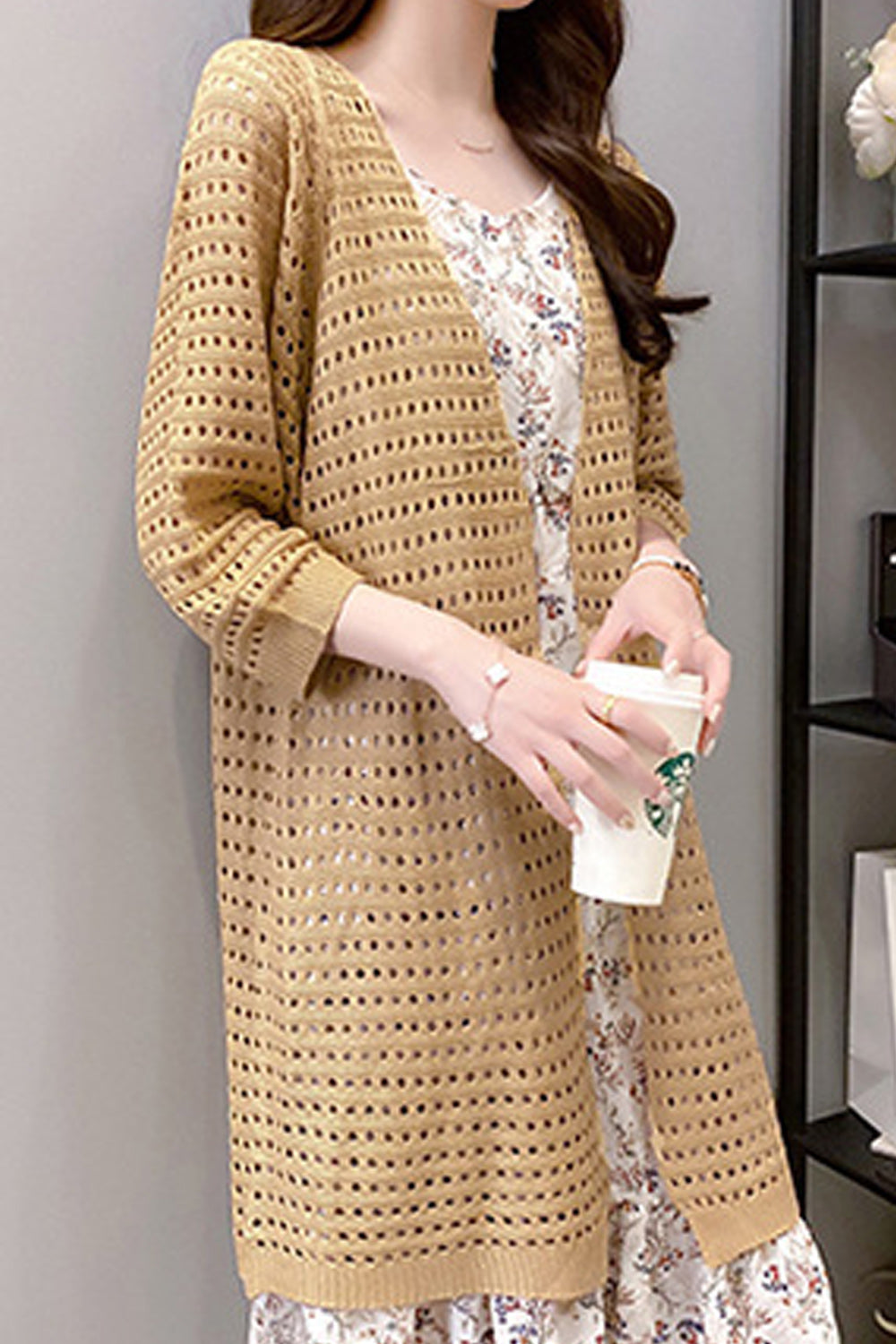 Women Loose Mid Length Comfortable Hollow Knitted Material Cardigan