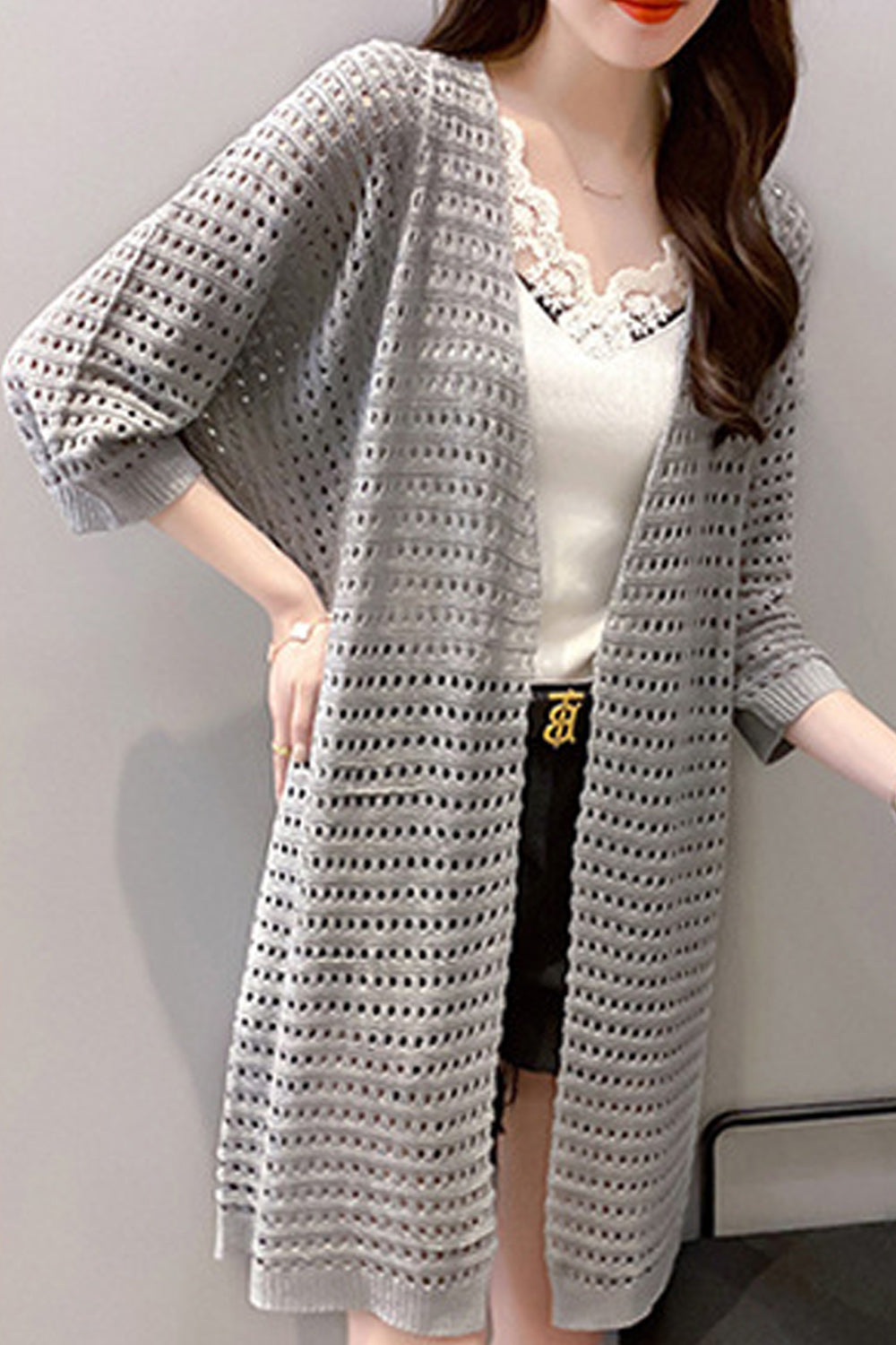 Women Loose Mid Length Comfortable Hollow Knitted Material Cardigan