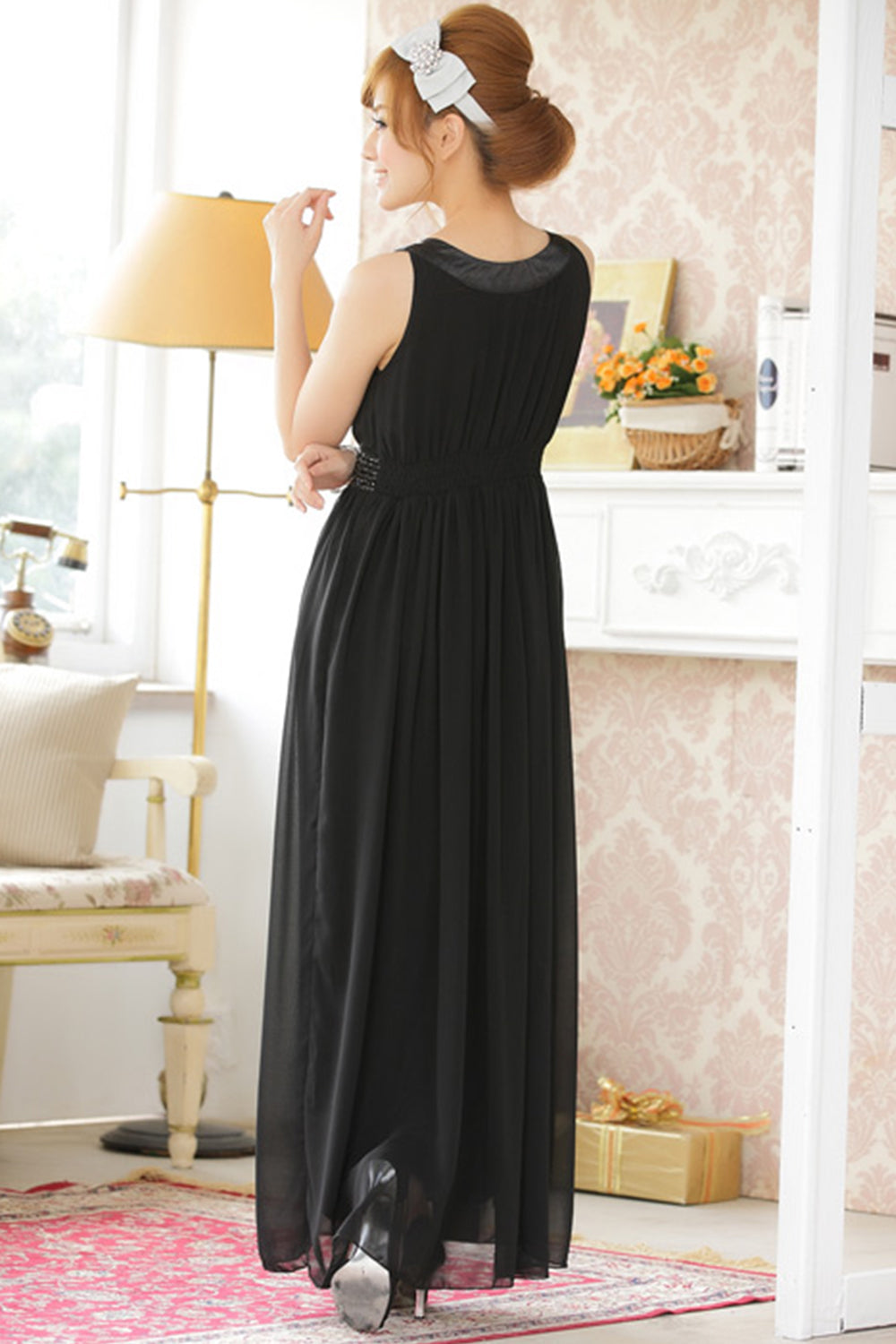 Women Sleeveless Chiffon Bead Decorated Prom Night Dress Black