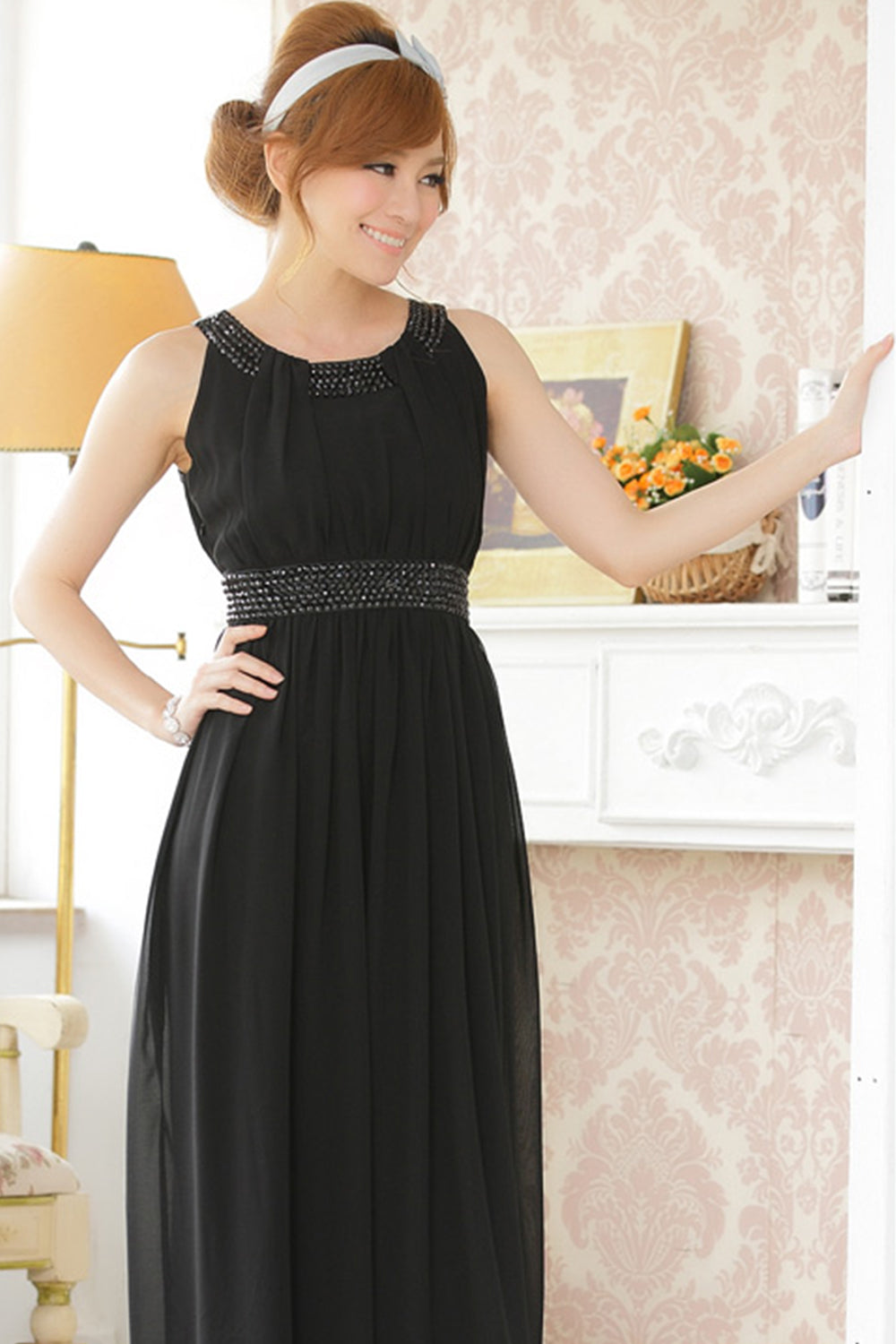 Women Sleeveless Chiffon Bead Decorated Prom Night Dress Black