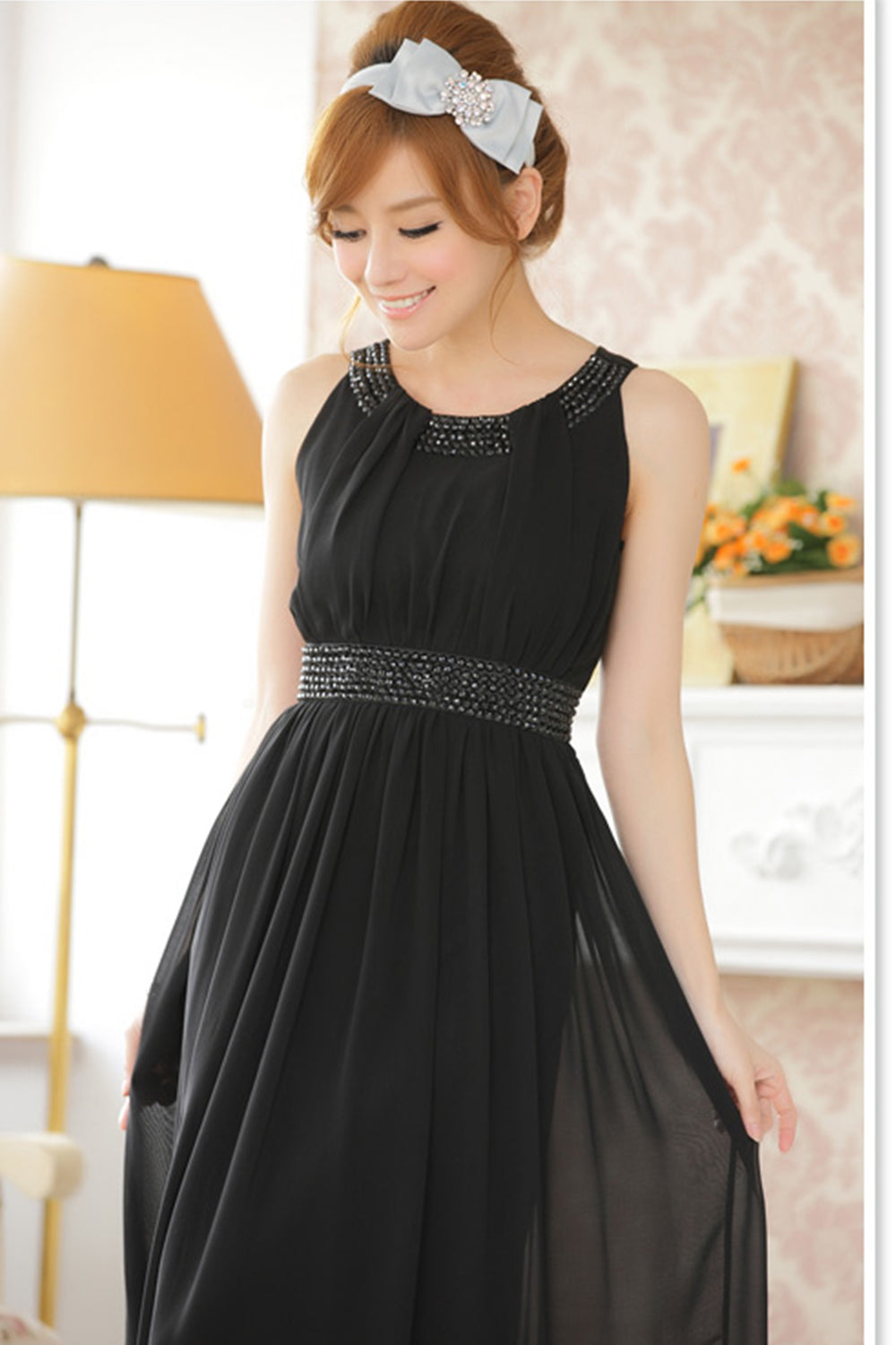 Women Sleeveless Chiffon Bead Decorated Prom Night Dress Black