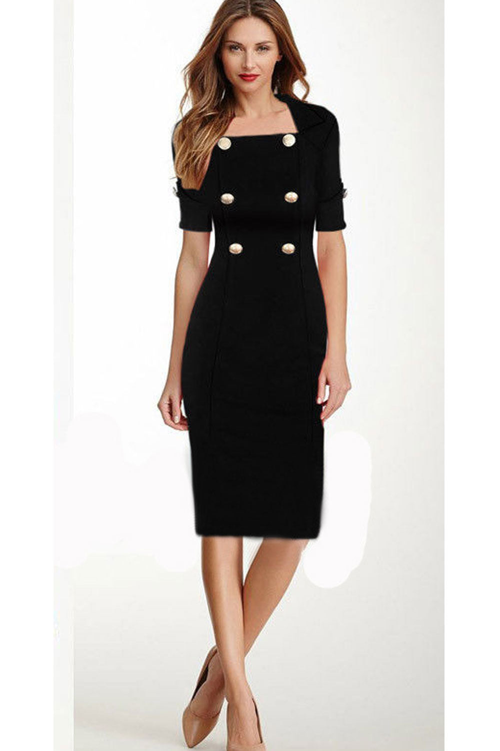 WOMEN'S BODYCON PENCIL STYLE DRESS WITH LACE STITCHING ON NECK