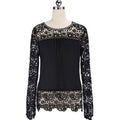 Women Round Neck Lace Trim Long Sleeves Blouse