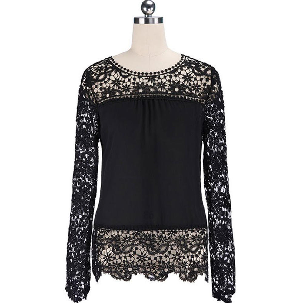 Women Round Neck Lace Trim Long Sleeves Blouse