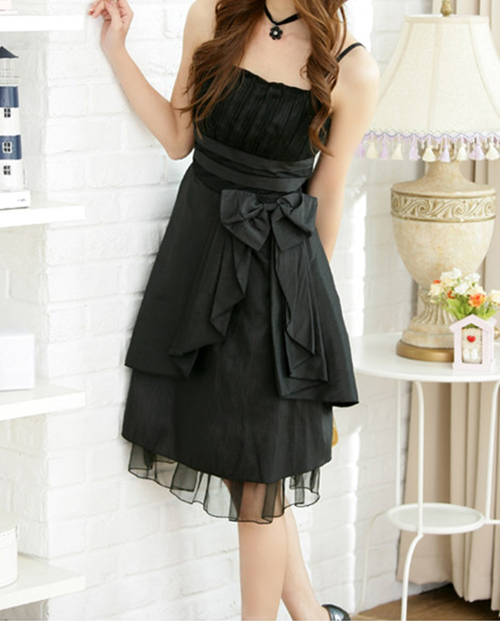 Women Sleeveless Waist Binding Party Dress Black
