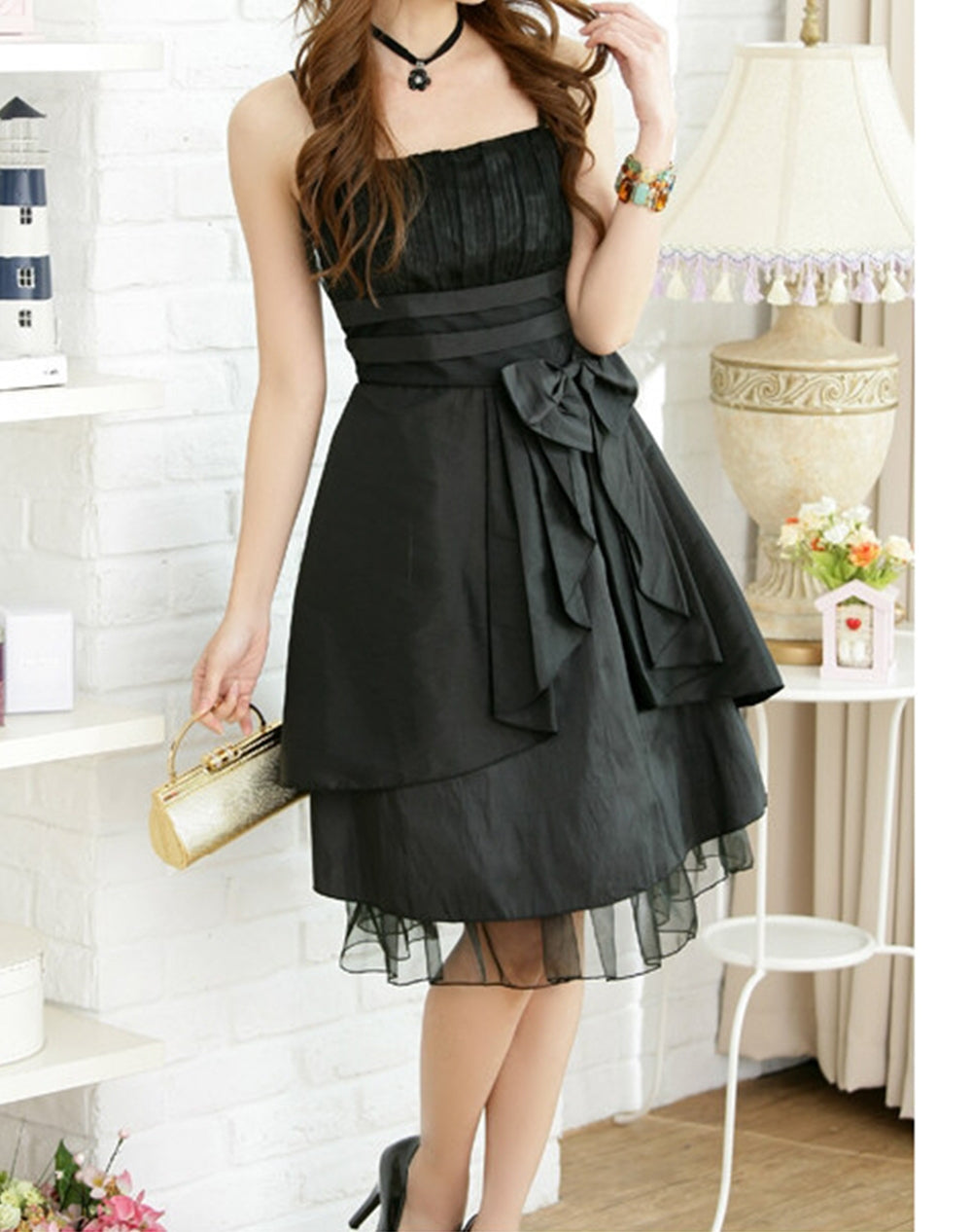 Women Sleeveless Waist Binding Party Dress Black
