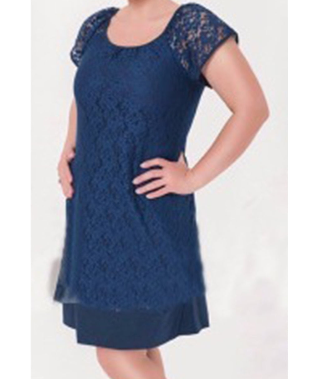 Women-Short-Plus-Size-Lace-Round-Neck-Dress-Navy-Lace