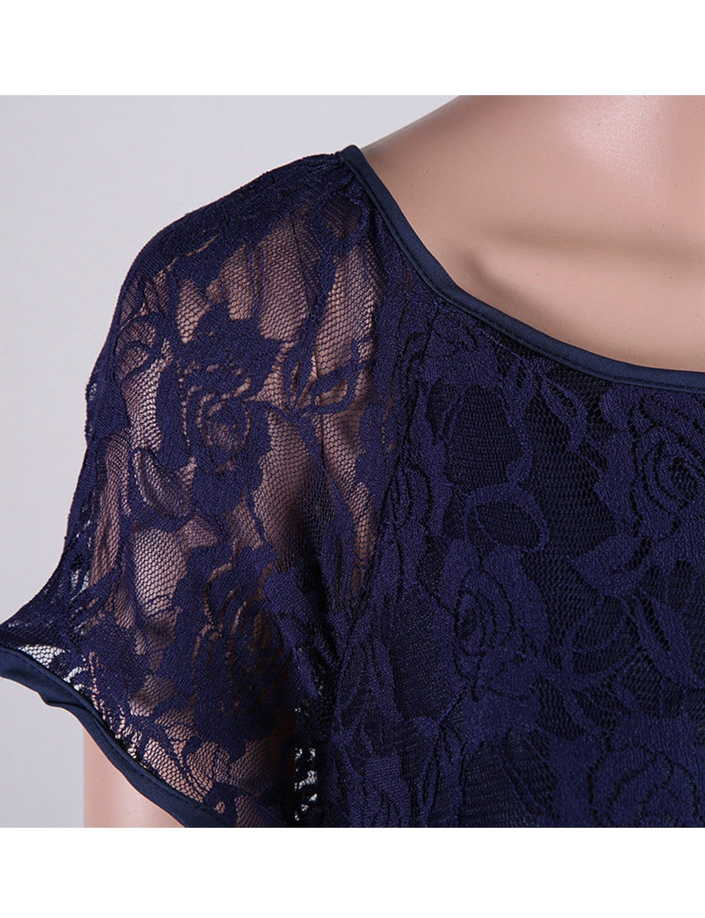 Women-Short-Plus-Size-Lace-Round-Neck-Dress-Navy-Lace