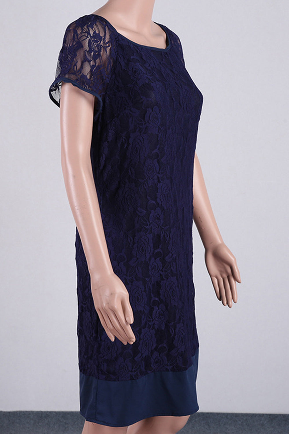 Women-Short-Plus-Size-Lace-Round-Neck-Dress-Navy-Lace