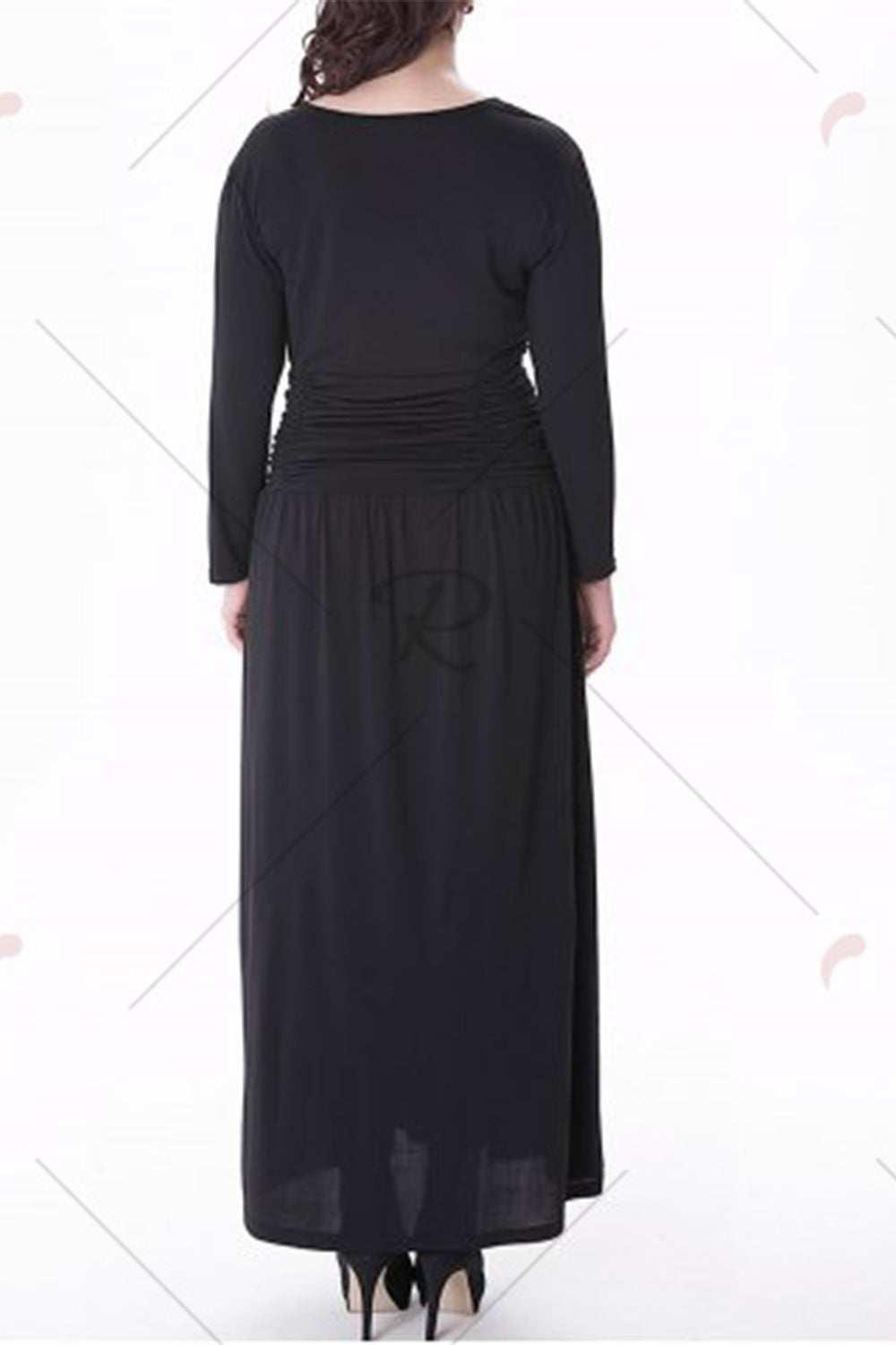Women-Plus-Size-V-Neck-Long-Casual-Dress-Black-Back