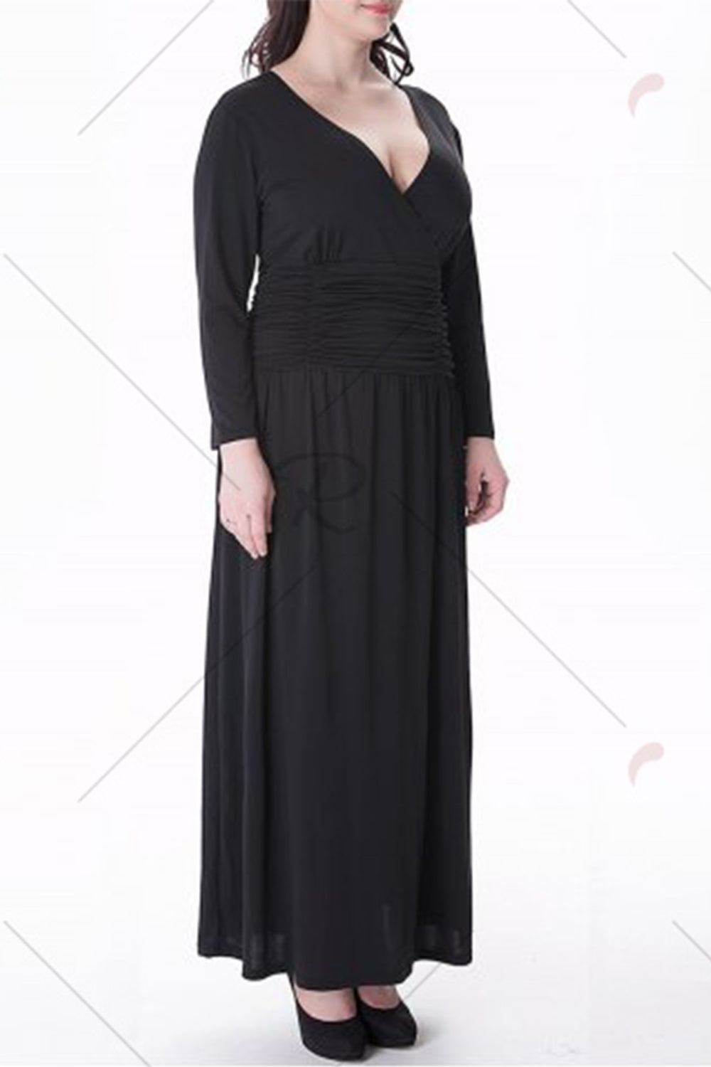 Women-Plus-Size-V-Neck-Long-Casual-Dress-Black-Back